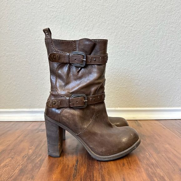 HENRY BEGUELIN Mid Calf Strap Buckle Heeled Boots Brown Leather - Picture 1 of 13